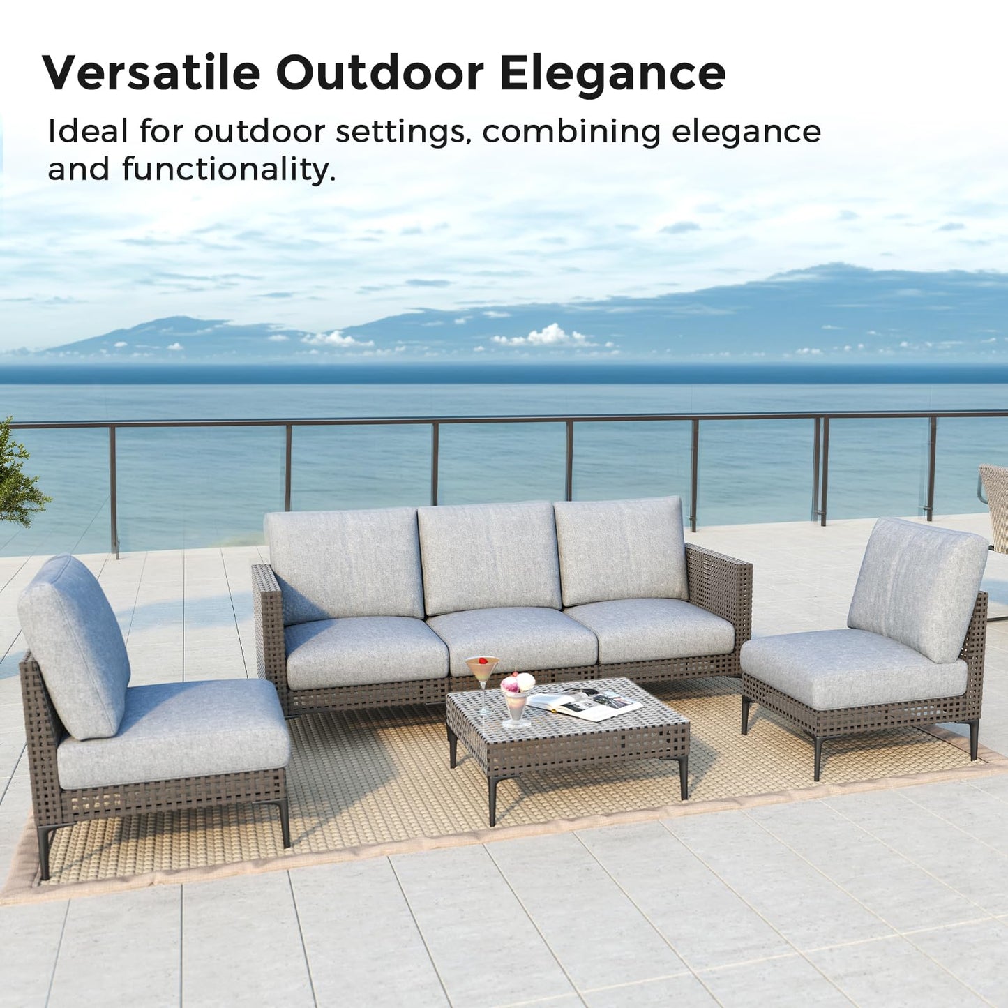 Jocoevol Outdoor Patio Sofa Conversation Set–Rattan 5 Seats Comfortable Couch for Garden, Yard, Weatherproof–Includes Glass Table, Armless Chairs, and Three-Seater Sofa