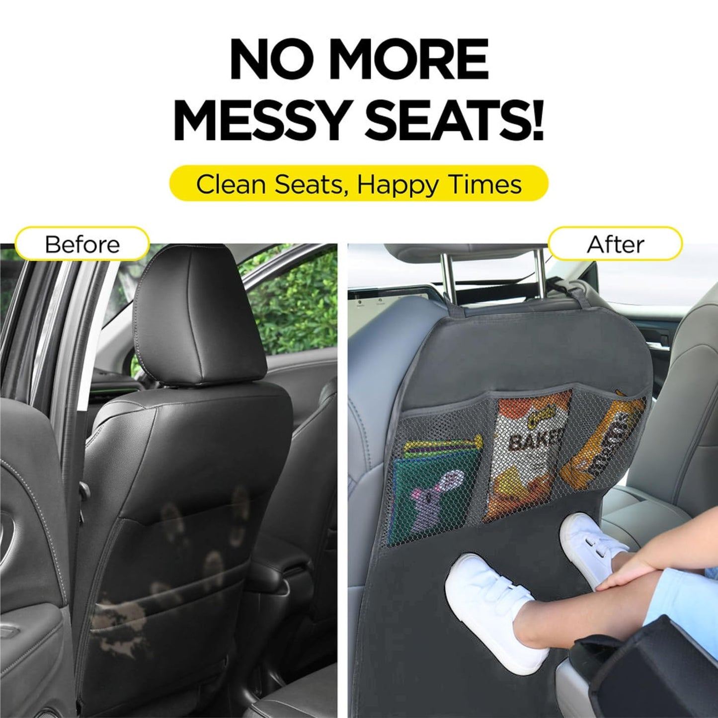 lebogner Back Seat Cover for Kids + 3 Pocket Storage Organizer, 2 Pack X-Large Multifunctional Kick Mats Backseat Protector, Car Seat Back Protectors for Vehicles to Protect from Dirt & Scuffs, Grey