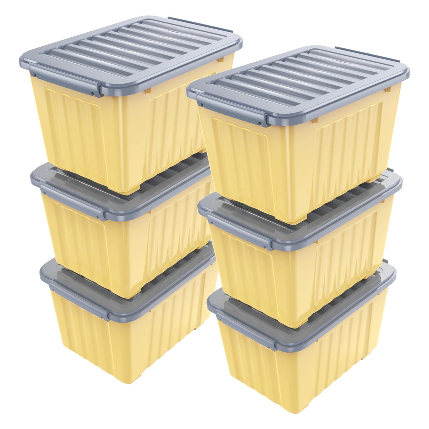 Nazhura Plastic Storage Bin, Stackable and Nestable Storage Boxes with White Lids and Secure Latching Buckles, Large Storage Container (Yellow/Purple, 72Quart-6Pack)