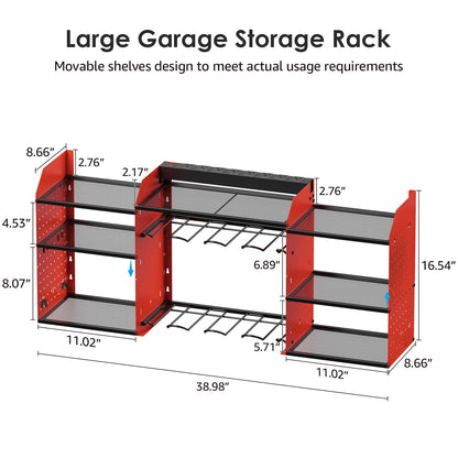 CCCEI Red Large Tools Organizer Wall Mount Charging Station, 39 Inch Long Power Tool Battery Storage Rack with 6FT Power Strip. 8 Drill Holder, Garage Utility Shelves. Pegboard Hanging Extension.