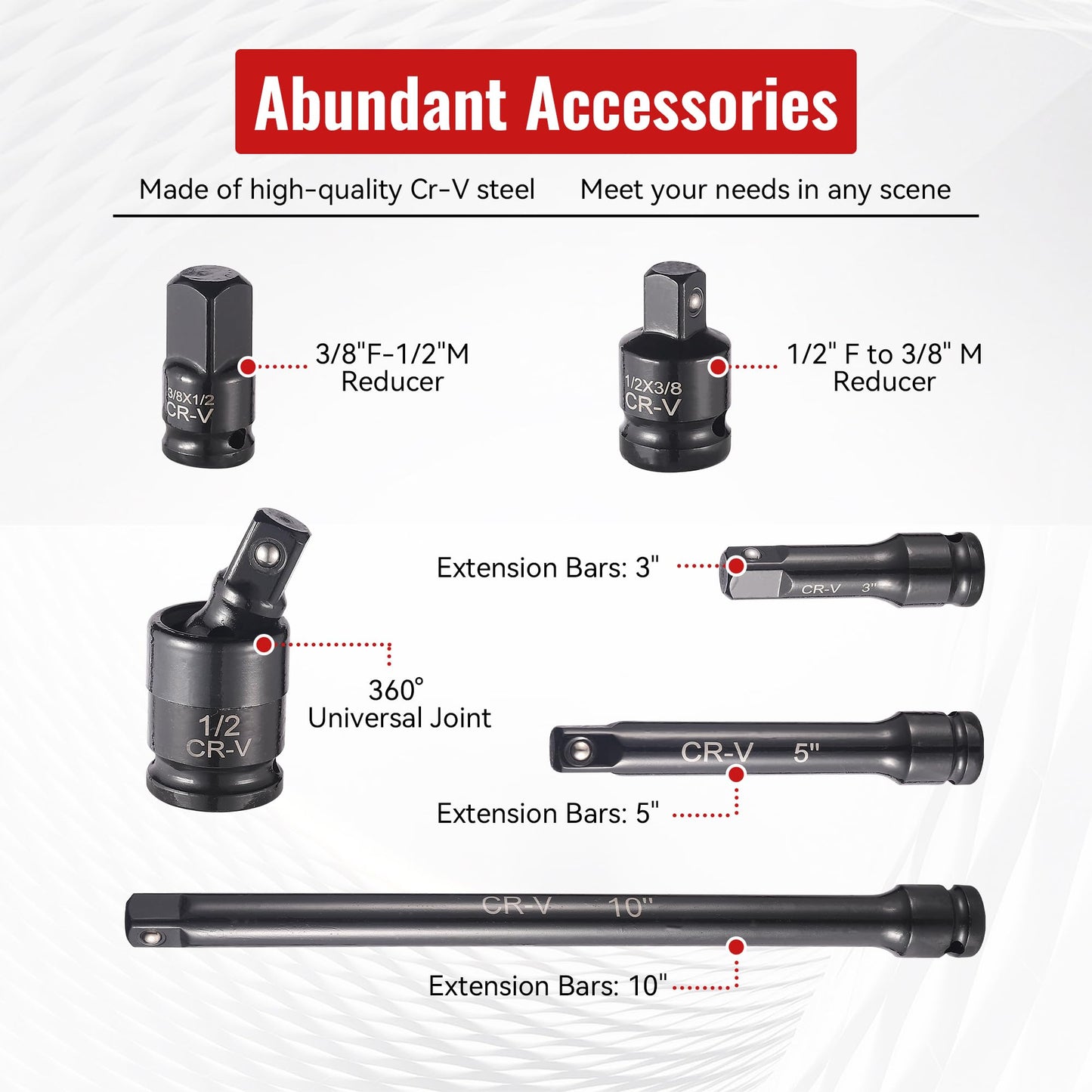 Reniteco 25-Piece 1/2" Drive Socket Set, SAE (3/8"- 1-1/2"), Deep Sockets, Extension Bars, 1/2" F to 3/8" M Reducer,3/8" F to 1/2" M Reducer, Universal Joint, 6 Point Design, Cr-V