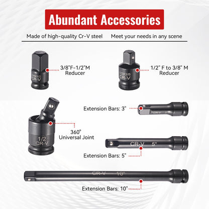 Reniteco 25-Piece 1/2" Drive Socket Set, SAE (3/8"- 1-1/2"), Deep Sockets, Extension Bars, 1/2" F to 3/8" M Reducer,3/8" F to 1/2" M Reducer, Universal Joint, 6 Point Design, Cr-V