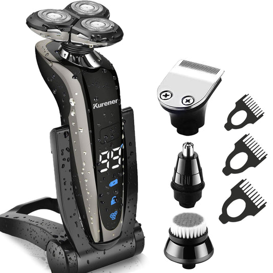 Kurener Electric Shaver Razor for Men Rechargeable 100% Waterproof Rotary for Shaving with Nose Trimmer Sideburns Trimmer Face Cleaning Brush