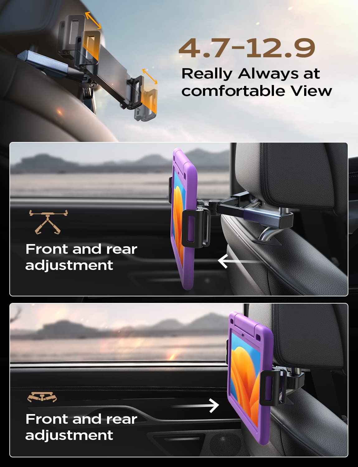 LISEN Tablet iPad Holder for Car Mount Headrest Must Have, iPad Car Holder Back Seat Travel Accessories Long Road Trip Essentials for Kids Adults Fits All 4.7-12.9" Devices & Headrest Rod Black