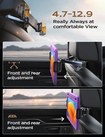 LISEN Tablet iPad Holder for Car Mount Headrest Must Have, iPad Car Holder Back Seat Travel Accessories Long Road Trip Essentials for Kids Adults Fits All 4.7-12.9" Devices & Headrest Rod Black