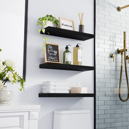 BAYKA Floating Shelves for Wall, Wall Mounted Rustic Wood Shelves for Bathroom, Bedroom, Living Room, Kitchen, Hanging Shelf for Books/Storage/Room Decor with 22lbs Capacity (Black, Set of 3, 15.7in)