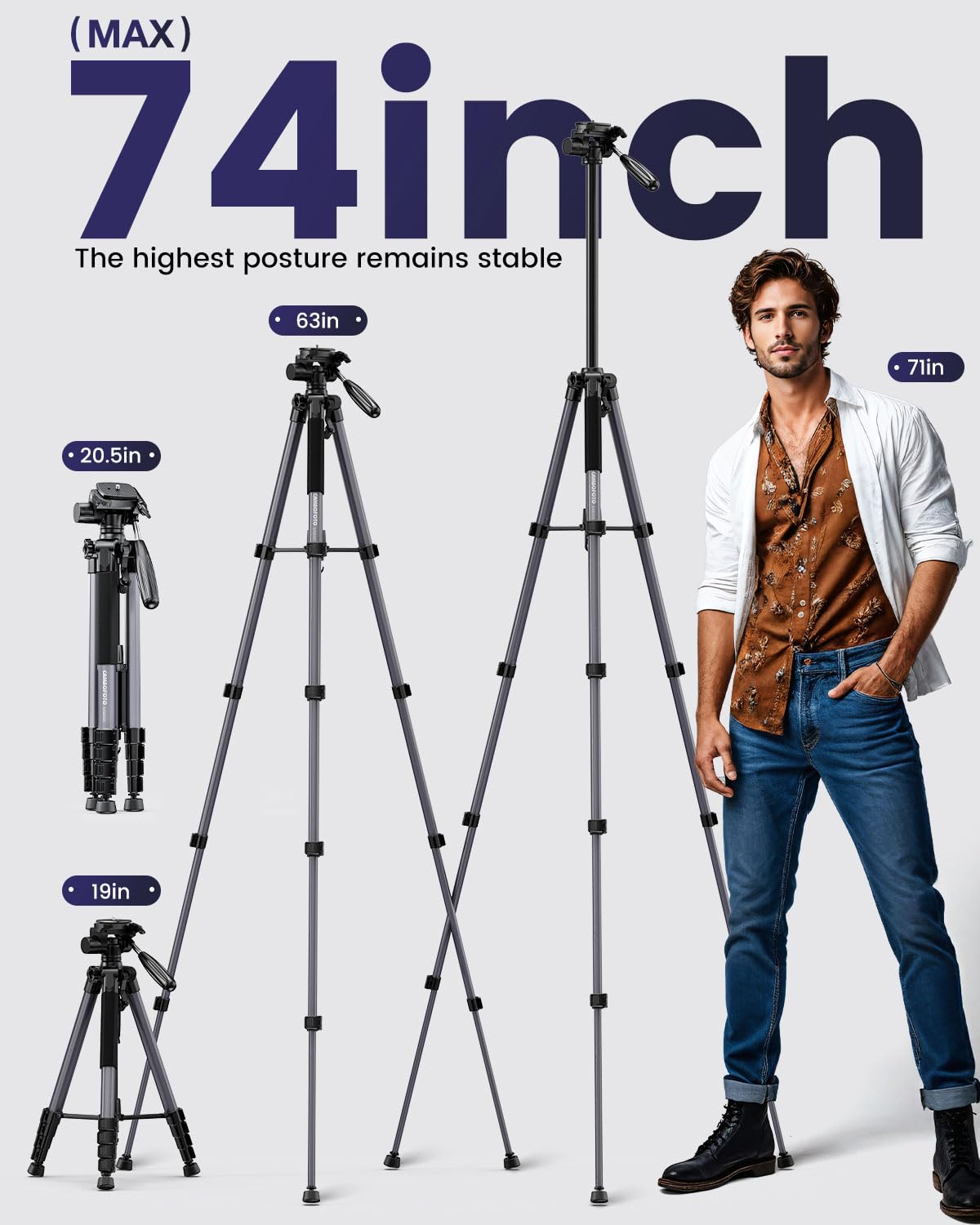 CAMBOFOTO 74"-Camera-Tripod, Gray Professional Aluminum Tripod Stand and Leg for Mirrorless Camera/DSLR/Cell Phone/Camcorder/GoPro, with Phone Holder and Travel Bag (Gunmetal Gray)