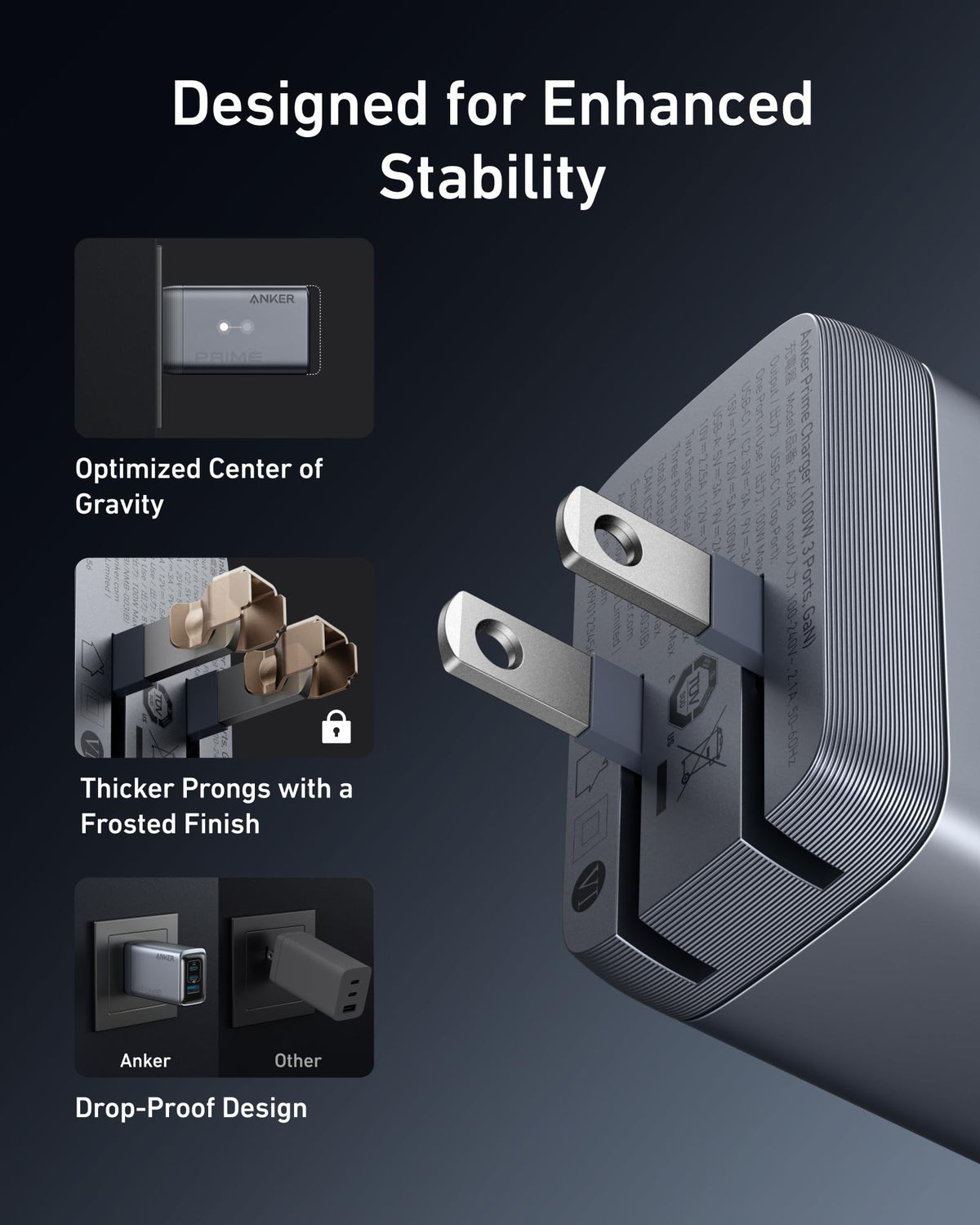 Anker Prime Charger, 100W 3-Port GaN USB C Charger Block, Foldable and Compact for MacBook, iPad, iPhone Series, Galaxy S24/S23, and More