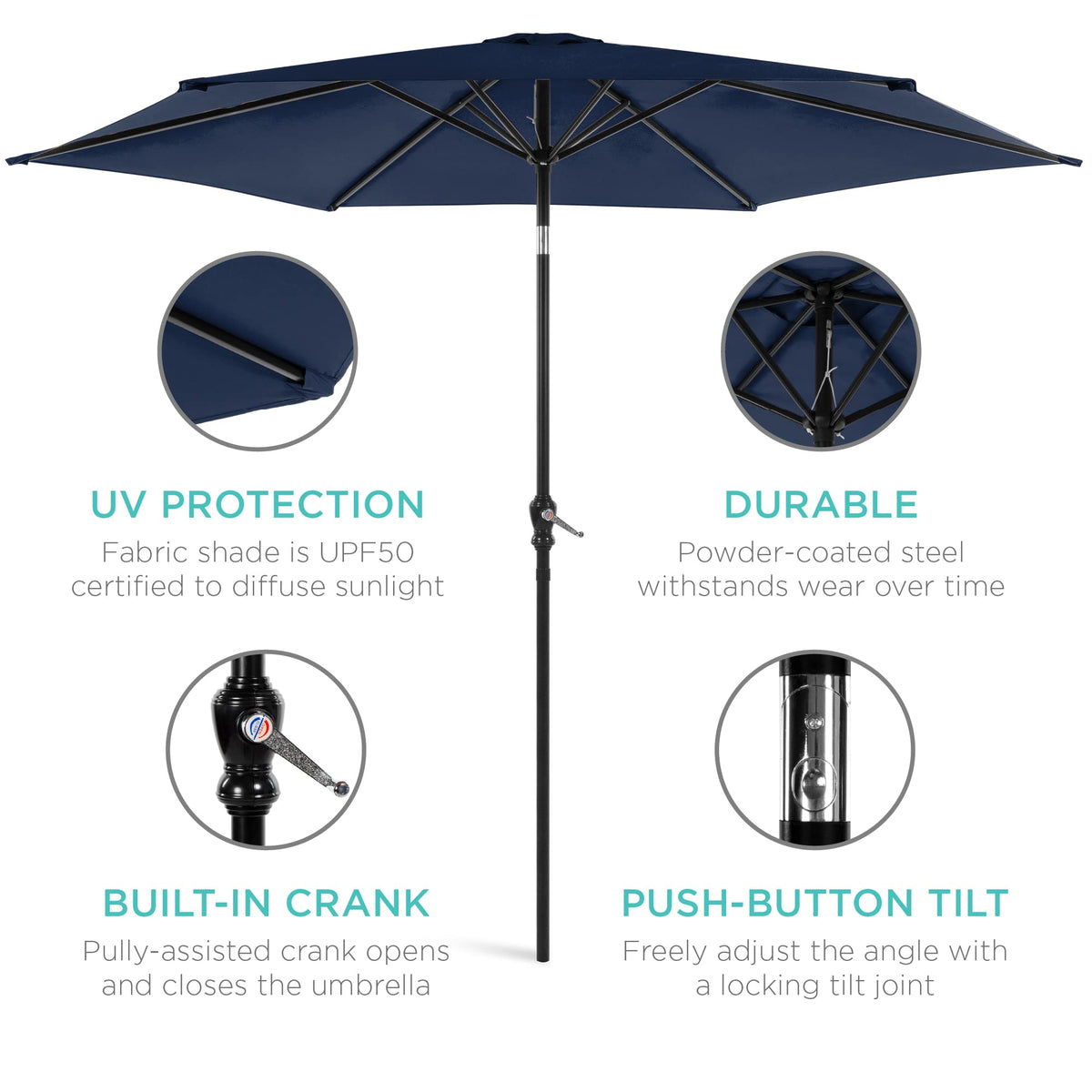 Best Choice Products 10ft Outdoor Steel Polyester Market Patio Umbrella w/Crank, Easy Push Button, Tilt, Table Compatible - Navy Blue