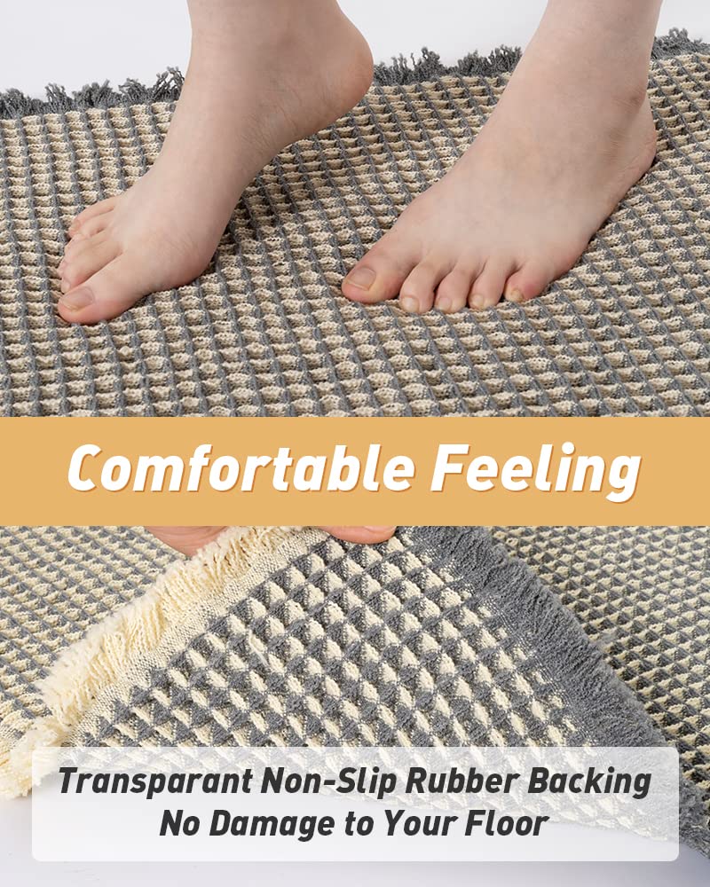 Upgraded Waffle Runner Rug Super Absorbent Non Slip Bath Mats for Bathroom Washable Bathroom Runner Rug with Tassels, Ideal for Hallway Bedroom Laundry Room, Dark Grey & Yellow, 2' x 6'(24" x 72")