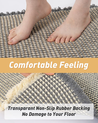 Upgraded Waffle Runner Rug Super Absorbent Non Slip Bath Mats for Bathroom Washable Bathroom Runner Rug with Tassels, Ideal for Hallway Bedroom Laundry Room, Dark Grey & Yellow, 2' x 6'(24" x 72")