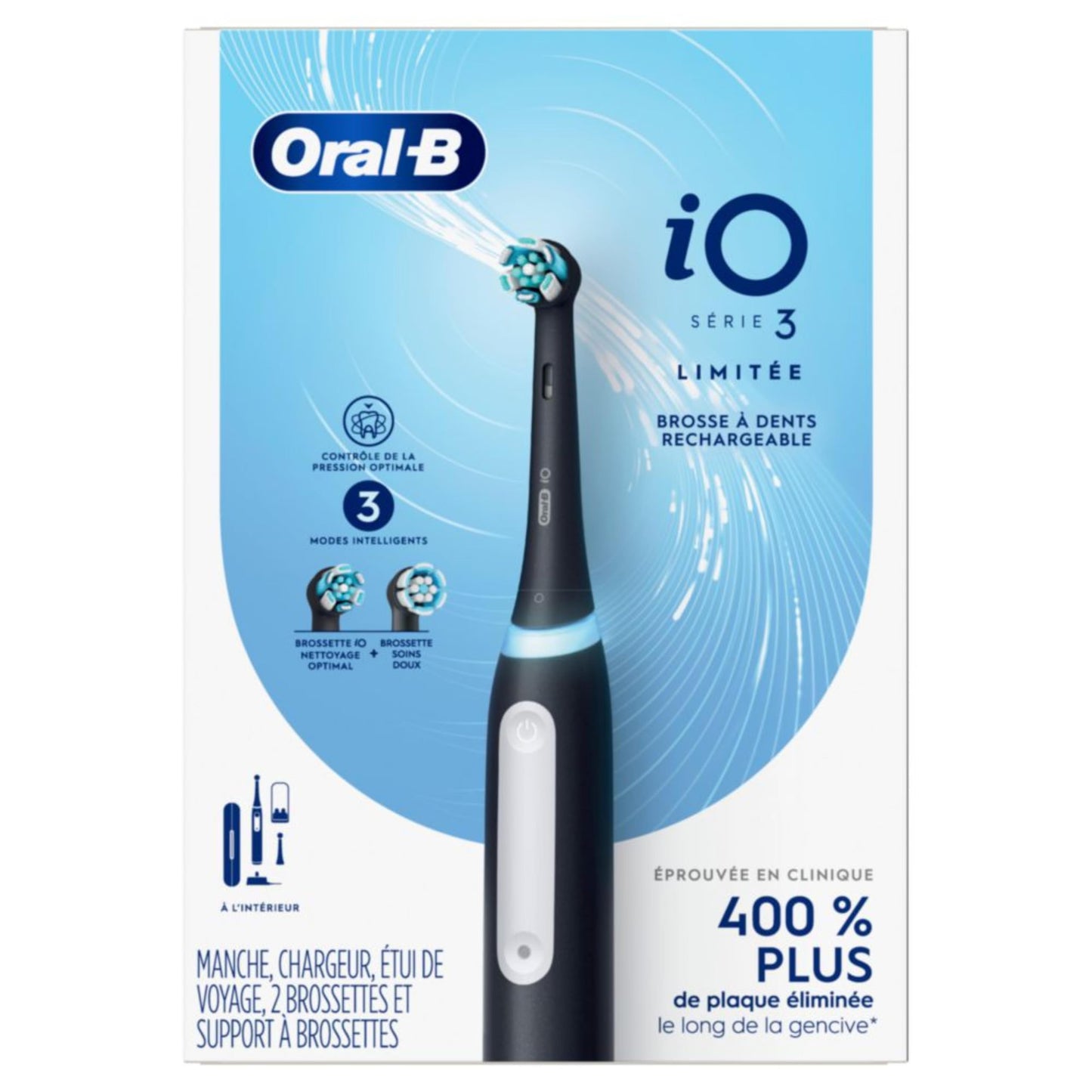 Oral-B iO Deep Clean Rechargeable Electric Powered Toothbrush, Black with iO Series 3 Limited, 2 Brush Heads and Travel Case - Pressure Sensor to Protect Gums - 3 Cleaning Settings - 2 Minute Timer