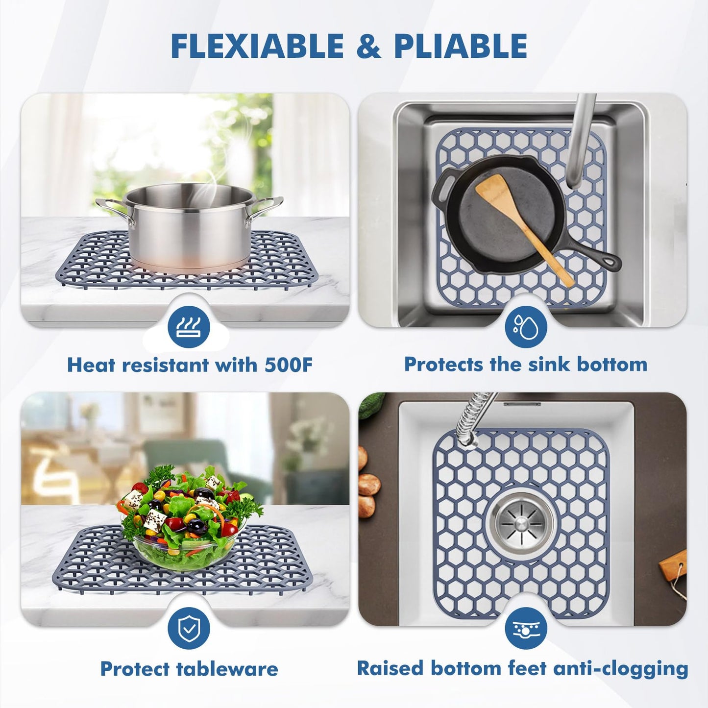 Bestjing 2 Pack Silicone Sink Protectors for Kitchen Sink with Center Drain - 12" x 11" Kitchen Accessory, Non-Slip Heat-Resistant Mat for Bottom of Porcelain Stainless Steel, Dishwasher Safe