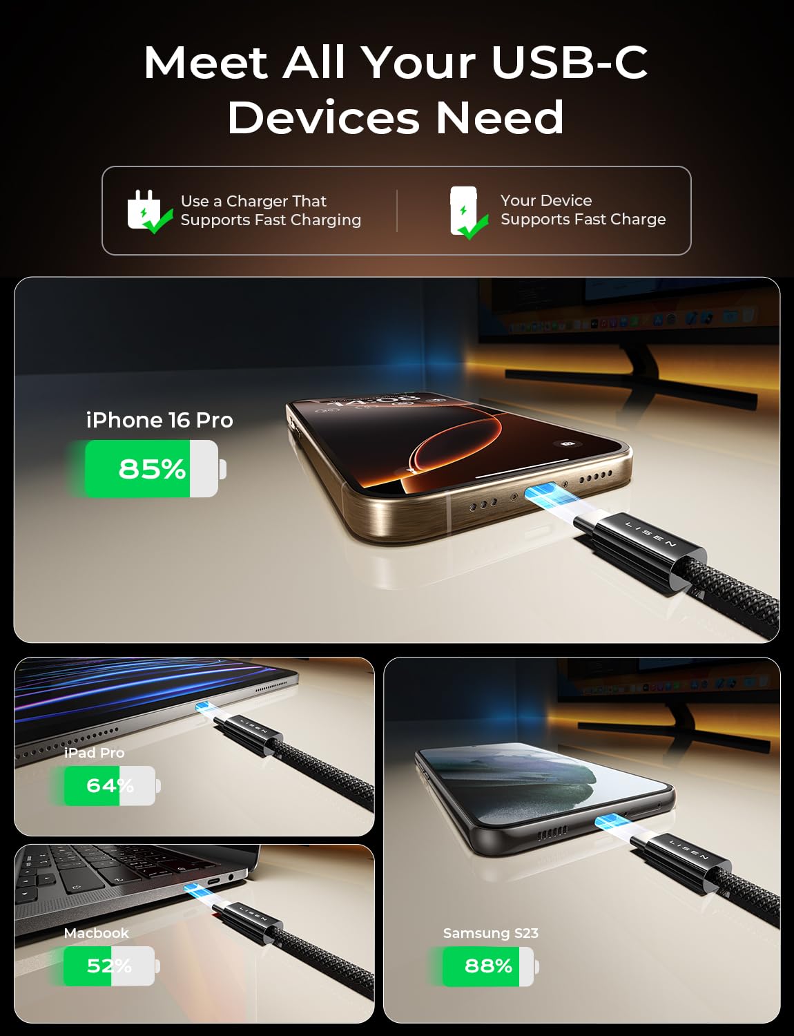 LISEN USB C Cable, 5-Pack [3.3/3.3/6.6/6.6/10FT] USBC to USBC Cable for iPhone 16e 15 Pro Max Charger Cord, 60W C to C Cable Fast Charging for Samsung Z Flip 7/S25/S24, Switch 2, iPad, MacBook Air 17