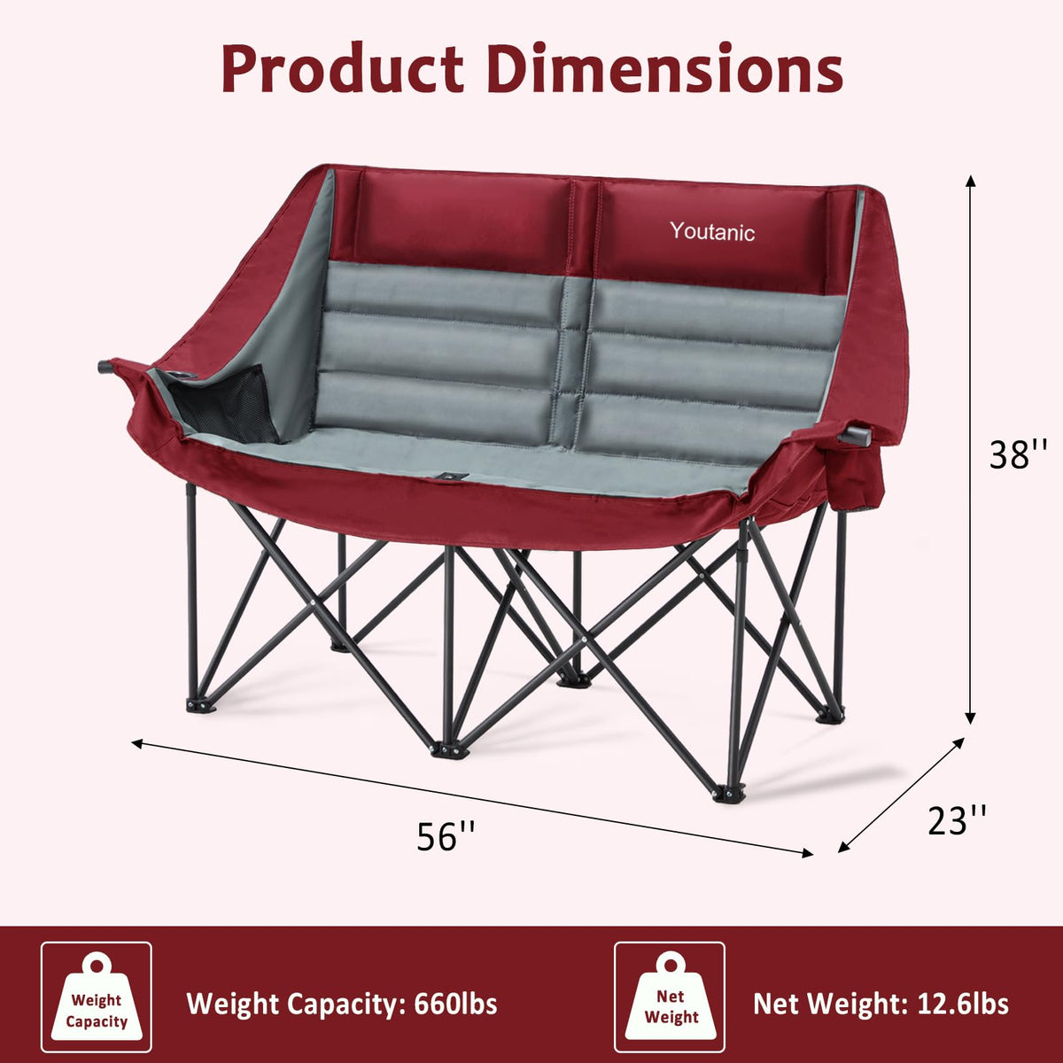 Youtanic Oversized Camping Chair, Double Folding Loveseat Camping Couch with Pocket, Cup Holder and Carry Bag, Heavy Duty Portable Camping Chairs for Adults, Fishing, Sports, Trip, up to 660lbs, Red
