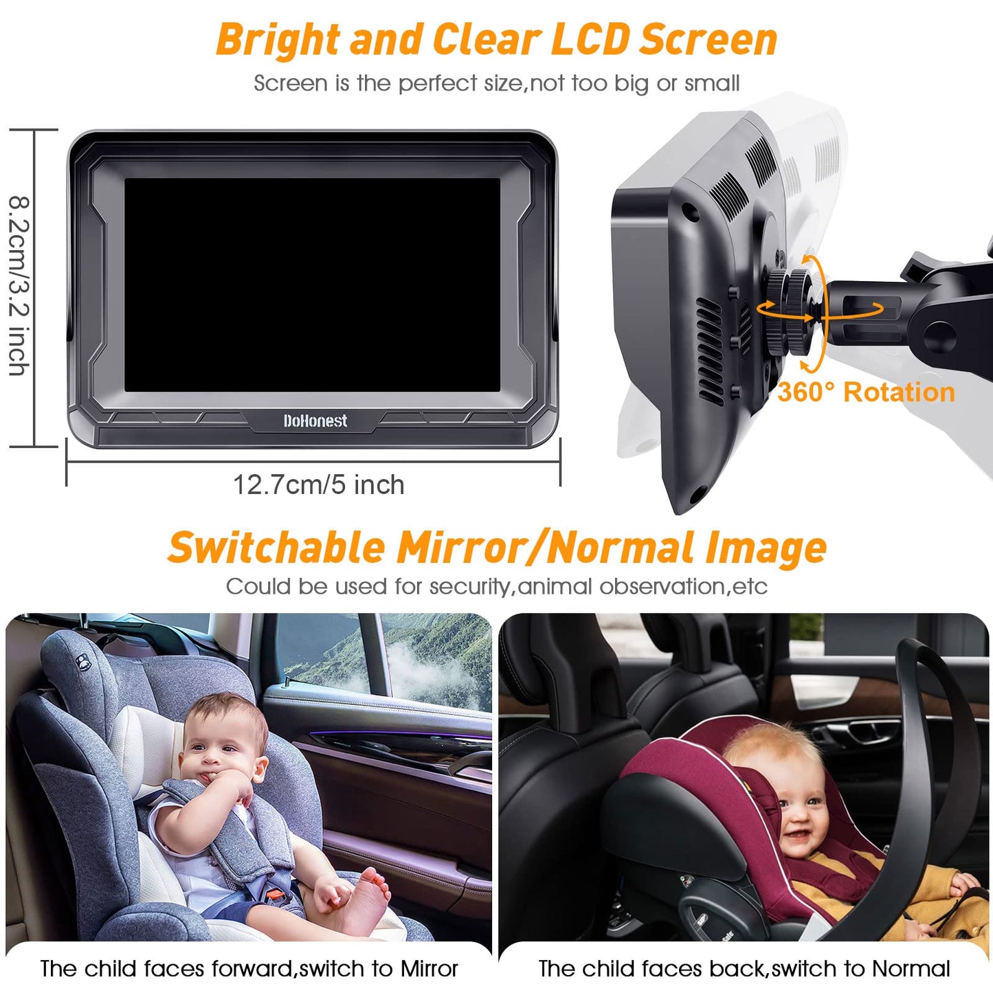DoHonest Baby Car Camera HD 1080P - Rear-Facing Car Baby Monitor with Night Vision, Adjustable View Angle, Easy Setup, Anti-Glare Display, Safety for Kids & Infants