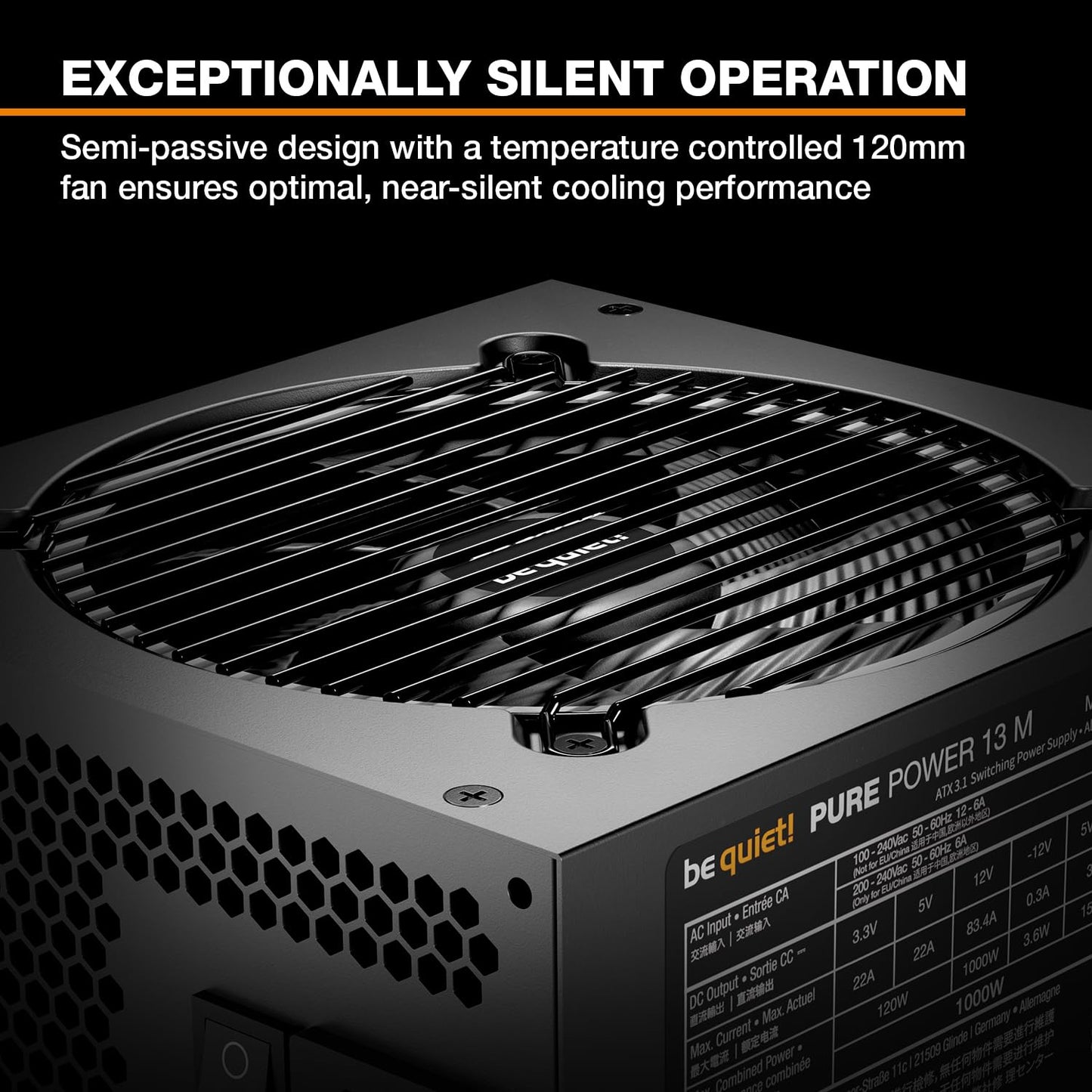 be quiet! Pure Power 13 M 1000W Power Supply, 80 Plus® Gold Certification, ATX 3.1 PSU, Support for PCIe 5.1 GPUs, semi-Passive 120mm be quiet! Fan, LLC Technology, Single Rail, for Overclocked GPUs