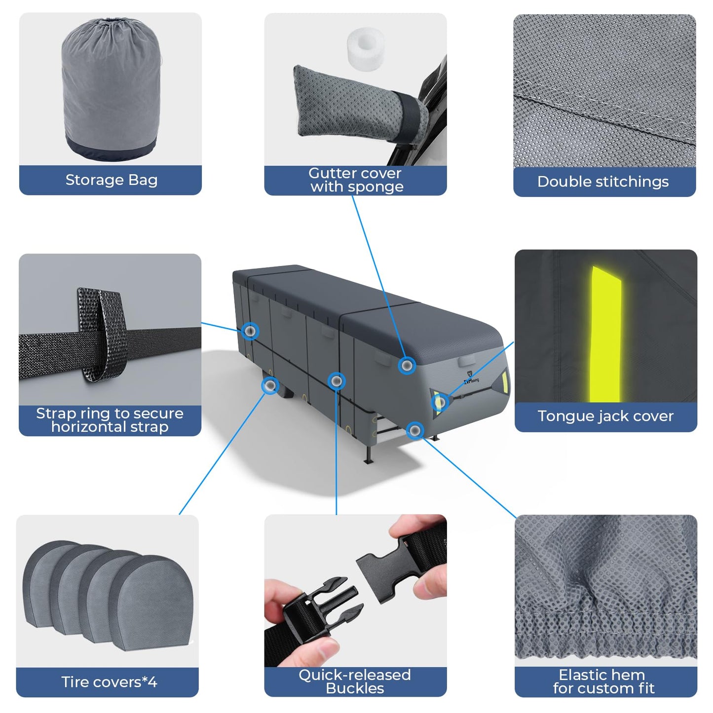 RVMasking 5th Wheel RV Cover, 40'1"-43' Heavy Duty 7 Layers Top Fifth Wheel Cover with 4 Tire Covers, Windproof Rip-Stop Anti-UV Trailer Cover, Dark Gray