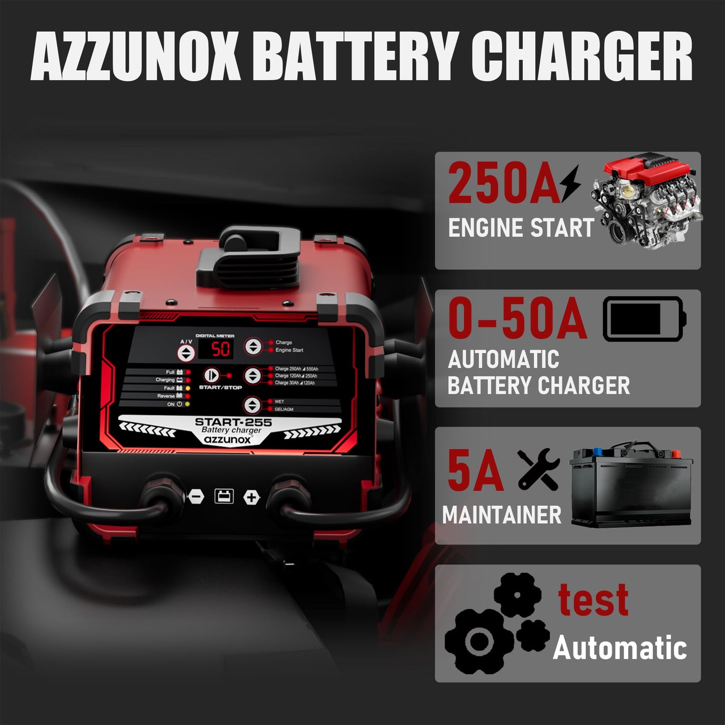 AZZUNOX 12V 24V Car Battery Charger & Engine Starter, 0-50A Automatic Battery Maintainer, 250 Cranking Amps, Jump Starter & Smart Trickle Charger