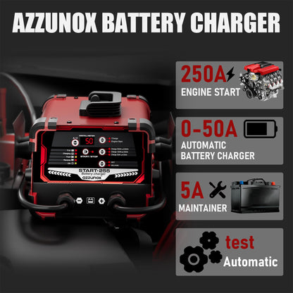 AZZUNOX 12V 24V Car Battery Charger & Engine Starter, 0-50A Automatic Battery Maintainer, 250 Cranking Amps, Jump Starter & Smart Trickle Charger