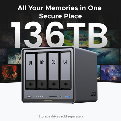 UGREEN NASync DXP4800 Plus 4-Bay Desktop NAS, Intel Pentium Gold 8505 5-Core CPU, 8GB DDR5 RAM, 128GB SSD, 1x 10GbE, 1x 2.5GbE, 2X M.2 NVMe Slots, 4K HDMI, Network Attached Storage (Diskless)
