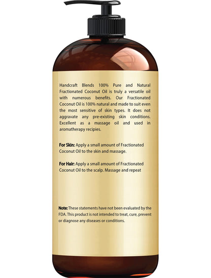 Handcraft Blends Fractionated Coconut Oil - 16 Fl Oz - 100% Pure and Natural - Premium Grade Carrier Oil for Skin, Hair and Body - Massage - Hair Tonic
