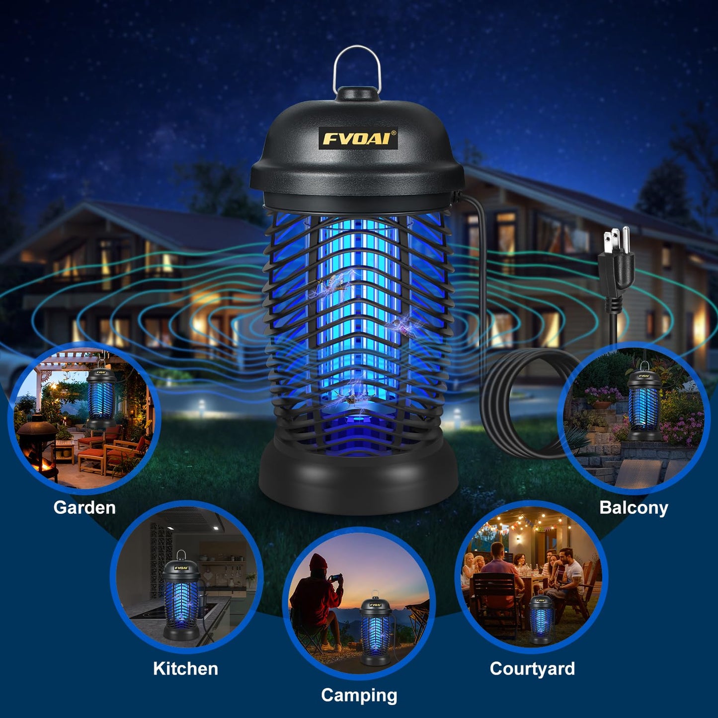 FVOAI Bug Zapper Outdoor, Mosquito Zapper, Fly Zapper, Insect Zapper Electric Fly Traps for 1/2 Acre, Indoor Outdoor Use with 3 Prong Plug-in,4200V, ABS Plastic Outer, Black