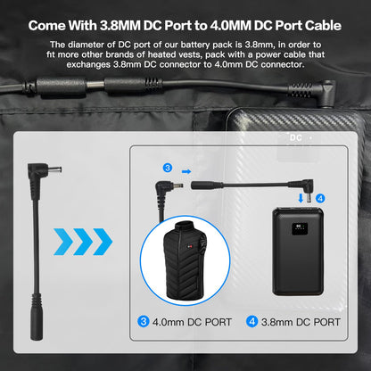 YMTHE 7.4V Heated Vest Battery Pack, 30000mAh Portable Charger with DC and USB Output Ports for Heated Jacket,Coat,Pants and Heating Clothing