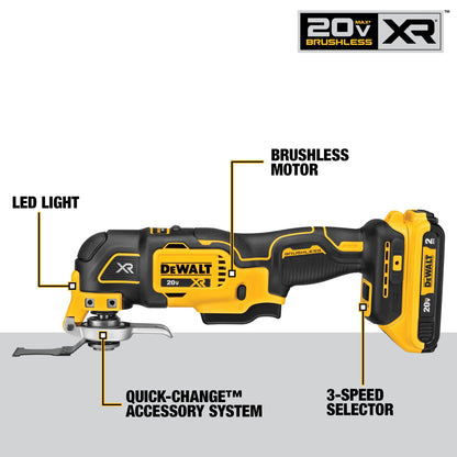 DEWALT 20V MAX XR Oscillating Multi-Tool Kit, Oscillating Tool Accessories, Cordless, 3-Speed, Quick Blade Change, Sand Paper, Blades, Battery and Charger Included (DCS356D1)
