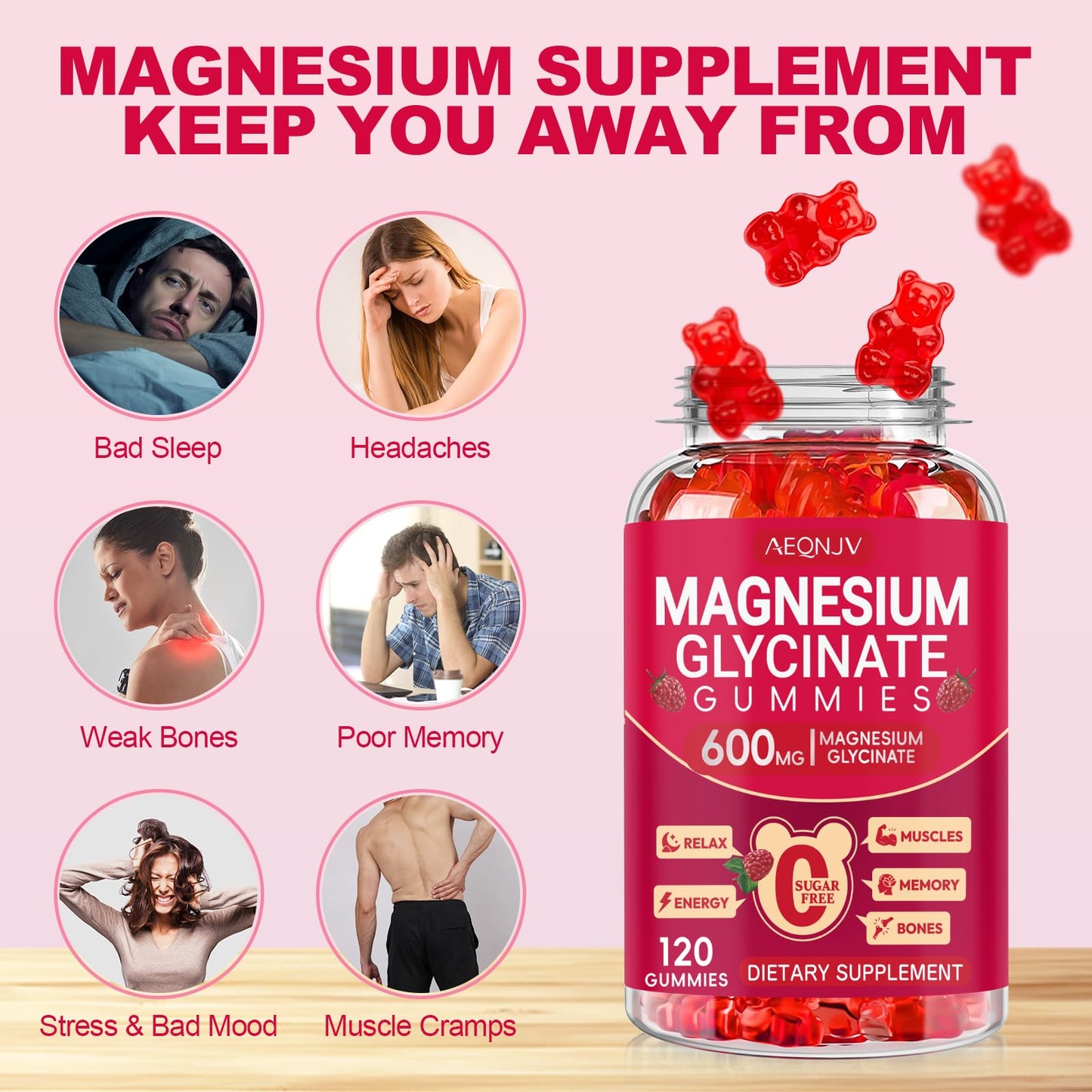 Magnesium Glycinate Gummies 600mg, Sugar Free Magnesium Gummies for Adults with L-Threonate, Chewable Potassium Supplements for Body Support, Zzz and Relaxation, 120 Count