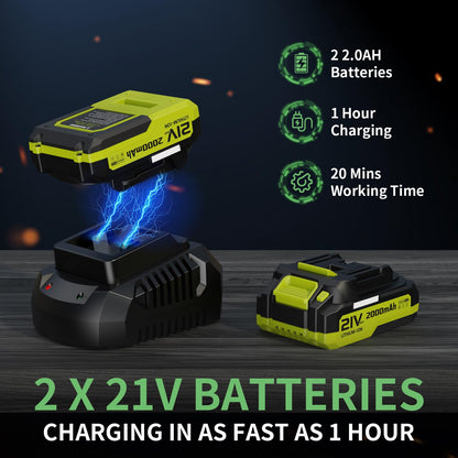 Leaf Blower, 21V Cordless Electric Blower with 2 2.0Ah Batteries and 1 Hour Fast Charger, Lightweight Leaf Blower for Patio Cleaning, Lawn Care, Blowing Fallen Leaves and Dust, etc.