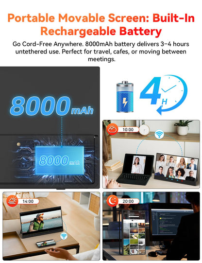 Wireless Portable Monitor Battery-Powered, Support AirPlay Miracast, 15.6" 1080P IPS Monitor USB-C HDMI External Display, 2nd Screen for Laptop MacBook PC Phone Tablet, w/Built-in Battery(4- 5H)