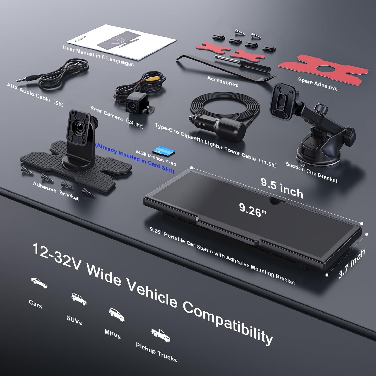 Wireless Apple Carplay Screen,Android Auto,with 4K Dash Cam,1080P Rear Camera,9.26'' Portable Car Stereo Touchscreen,Voice Control,GPS Navigation,Mirror Link,Car Audio Receivers with Bluetooth,AUX,FM