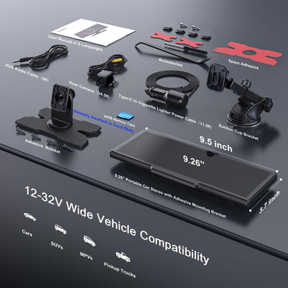 Wireless Apple Carplay Screen,Android Auto,with 4K Dash Cam,1080P Rear Camera,9.26'' Portable Car Stereo Touchscreen,Voice Control,GPS Navigation,Mirror Link,Car Audio Receivers with Bluetooth,AUX,FM