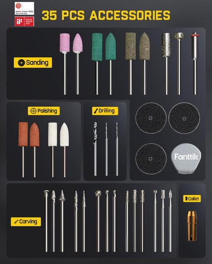 Fanttik F2 Master Mini Cordless Rotary Tool Kit, NeoPulse Motor, 5 Variable Speed, 25000 RPM, Revostor Hub, 35 Accessories, for 3D Printer Sanding, Polishing, Drilling, Carving, DIY Crafts