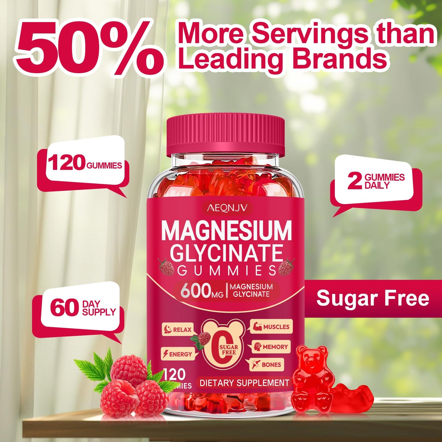 Magnesium Glycinate Gummies 600mg, Sugar Free Magnesium Gummies for Adults with L-Threonate, Chewable Potassium Supplements for Body Support, Zzz and Relaxation, 120 Count