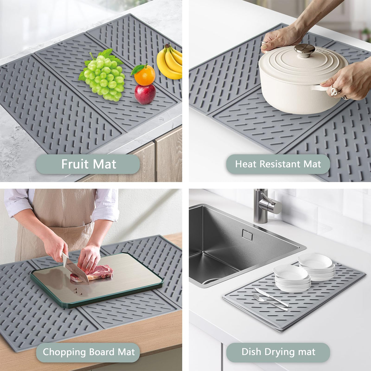Silicone Dish Drying Mat,Collapsible Tri Fold Drainer Mat,Drying Pad With Hook-BPA Free,Durable Heat,24x16In Drying Mat for Kitchen Counter Easy to Clean(Grey)