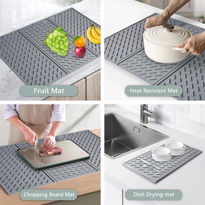 Silicone Dish Drying Mat,Collapsible Tri Fold Drainer Mat,Drying Pad With Hook-BPA Free,Durable Heat,24x16In Drying Mat for Kitchen Counter Easy to Clean(Grey)