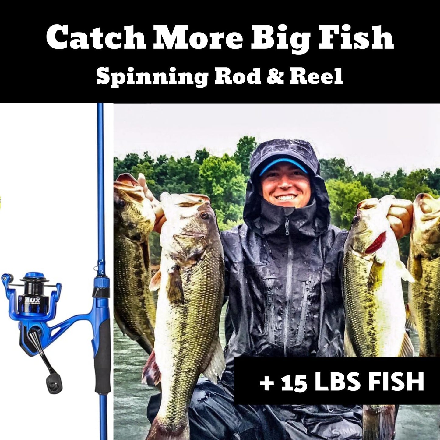 Lunkerhunt AUX Spinning Rod and Reel Combo | Fishing Rod Combo 7ft (Blue)