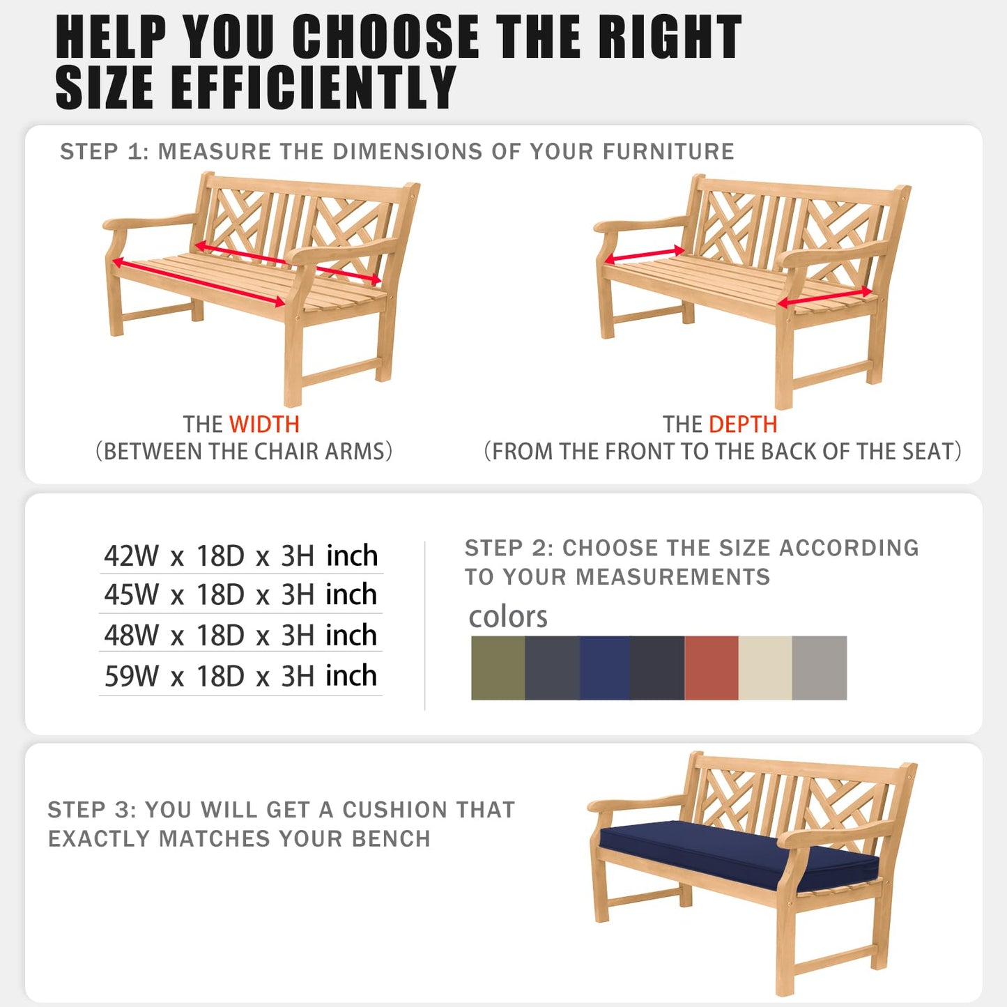 Favoyard Outdoor Bench Cushion 42 x 18 Inch Waterproof Patio Furniture Cushions 3-Year Color Fastness Garden Sofa Settee Couch Swing Pads with Handle and Adjustable Straps, Blue