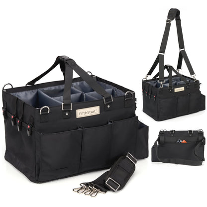 FifthStart Cleaning Supplies Organizer Tote & Caddy - X-Large, Black Nylon - Adjustable Straps for Cleaning Tote - 9 Pockets & Dividers in Organizer Bag - Durable Nylon Construction for Diaper Caddy
