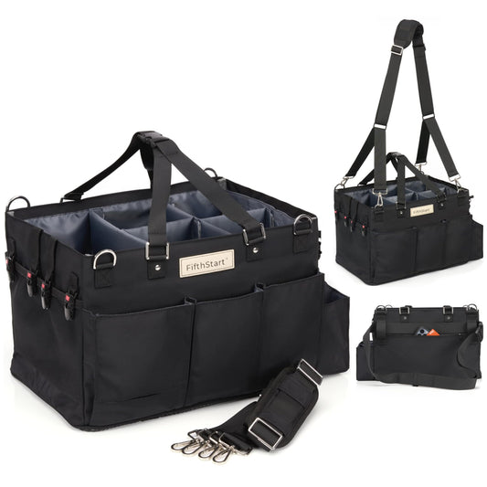 FifthStart Cleaning Supplies Organizer Tote & Caddy - X-Large, Black Nylon - Adjustable Straps for Cleaning Tote - 9 Pockets & Dividers in Organizer Bag - Durable Nylon Construction for Diaper Caddy