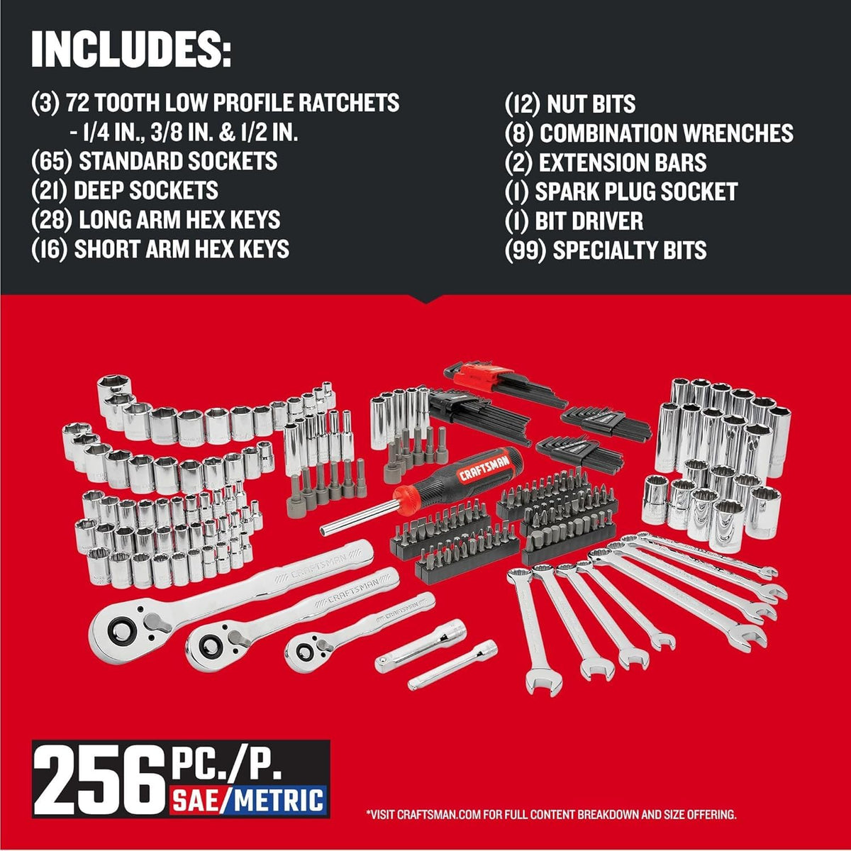 CRAFTSMAN Mechanics Tool Set, 256-Piece Hand Tool and Socket Set with 2-Drawer Tool Box (CMMT45256)