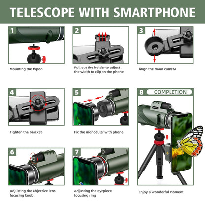 40x60 High Power Monocular Telescope for Adults - Equipped with Phone Adapter, Tripod, and Hand Strap - Low Light Night Vision with BAK4 Prism - Perfect for Bird Watching, Travel, and Concerts