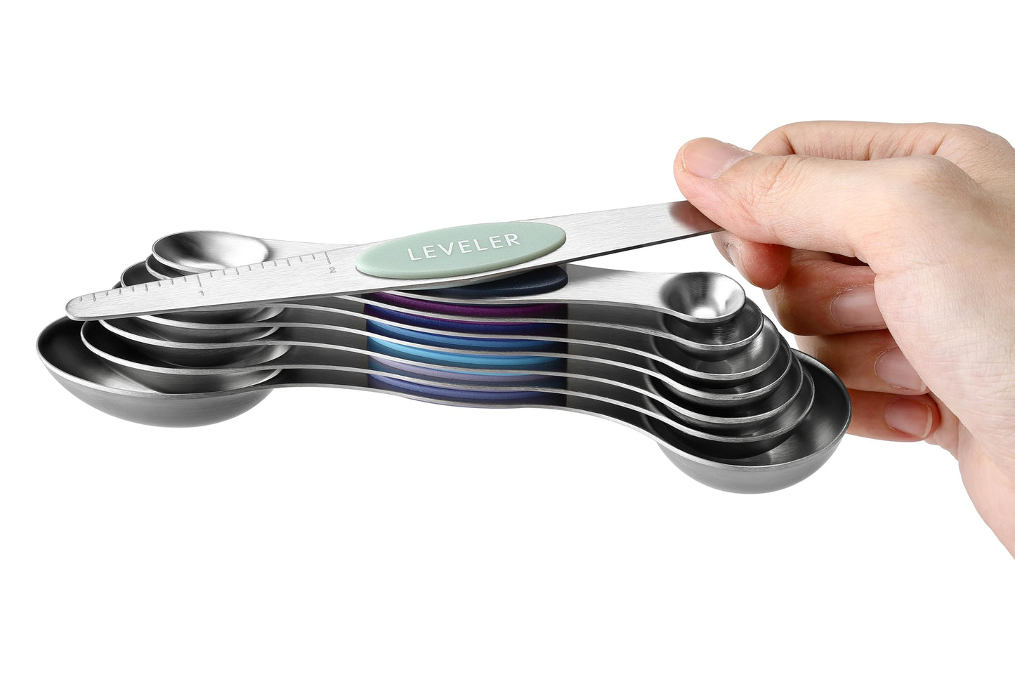 Spring Chef Stainless Steel Magnetic Measuring Spoons Set of 8 with Leveler, Dual Sided Metal Teaspoon & Tablespoon Measuring Spoons, Nesting Kitchen Gadgets for Baking & Cooking - Winter Frost