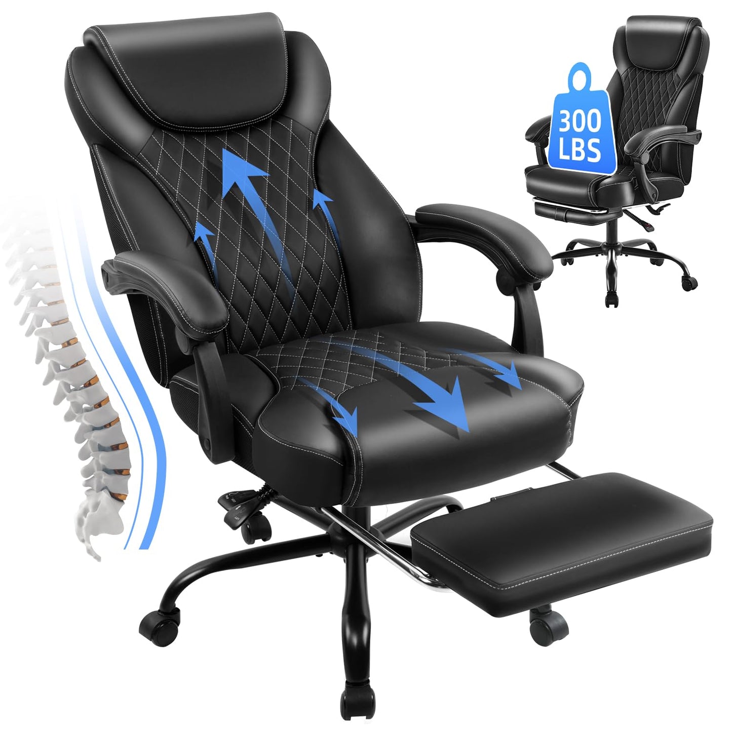 amseatec Office Chair, Big and Tall Office Chair with Foot Rest Ergonomic Chair for Home Desk, Reclining High Back Leather Chairs with Lumbar Support(Black)