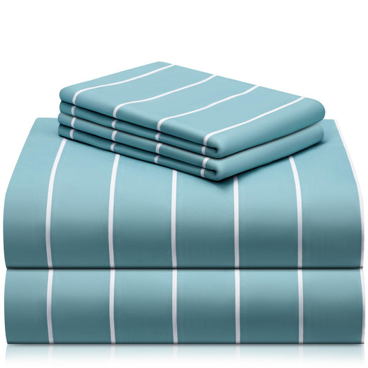 LuxClub 4 PC Queen Size Sheet Set Bed Sheets, Breathable Luxury Deep Pockets 16" Wrinkle Free Cooling Sheets Machine Washable Hotel Bedding (Queen, Striped Light Blue)