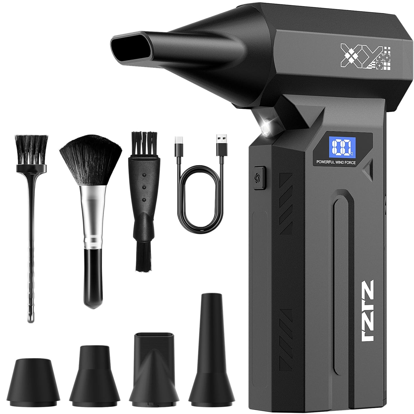 ZJZJ Compressed Air Duster, 150000RPM Powerful Electric Air Duster, 4-Gears Adjustable Cordless Air Blower with LED Light, Rechargeable Dust Blower for Computer, Keyboard, Outdoor, Home and Car