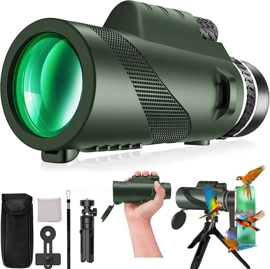 Monocular-Telescope 80x100 High Powered Monoculars High Definition for Adults High Powered with HD BAK4 Prism Smartphone Adapter Telescope Hunting Wildlife Bird Watching Travel Camping Hiking-Green