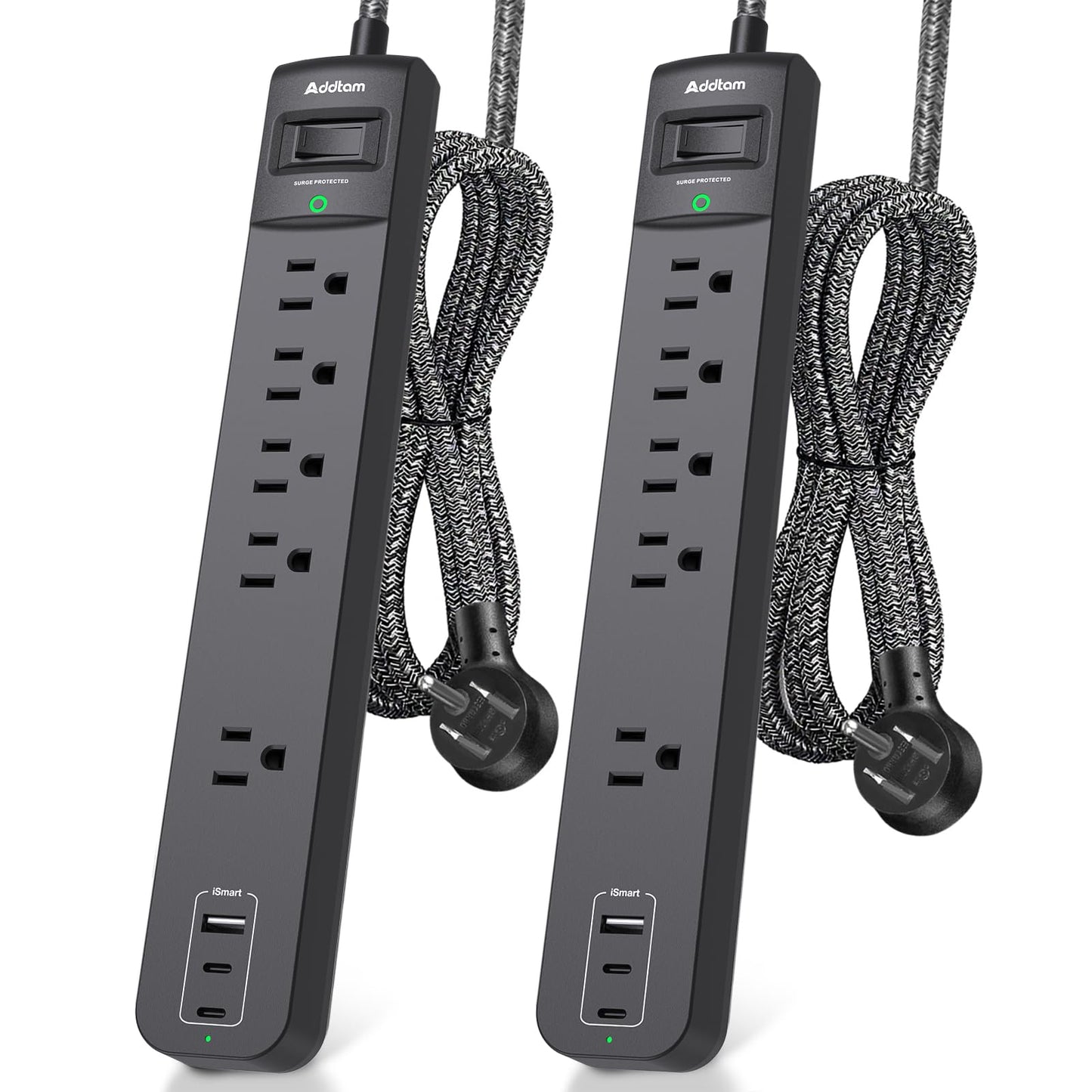 2 Pack Power Strip Surge Protector - 5 Widely Spaced Outlets 3 USB Charging Ports, 1875W/15A 6Ft Braided Extension Cord, Flat Plug Overload Protection, Wall Mount for Home Office Dorm Room Essentials